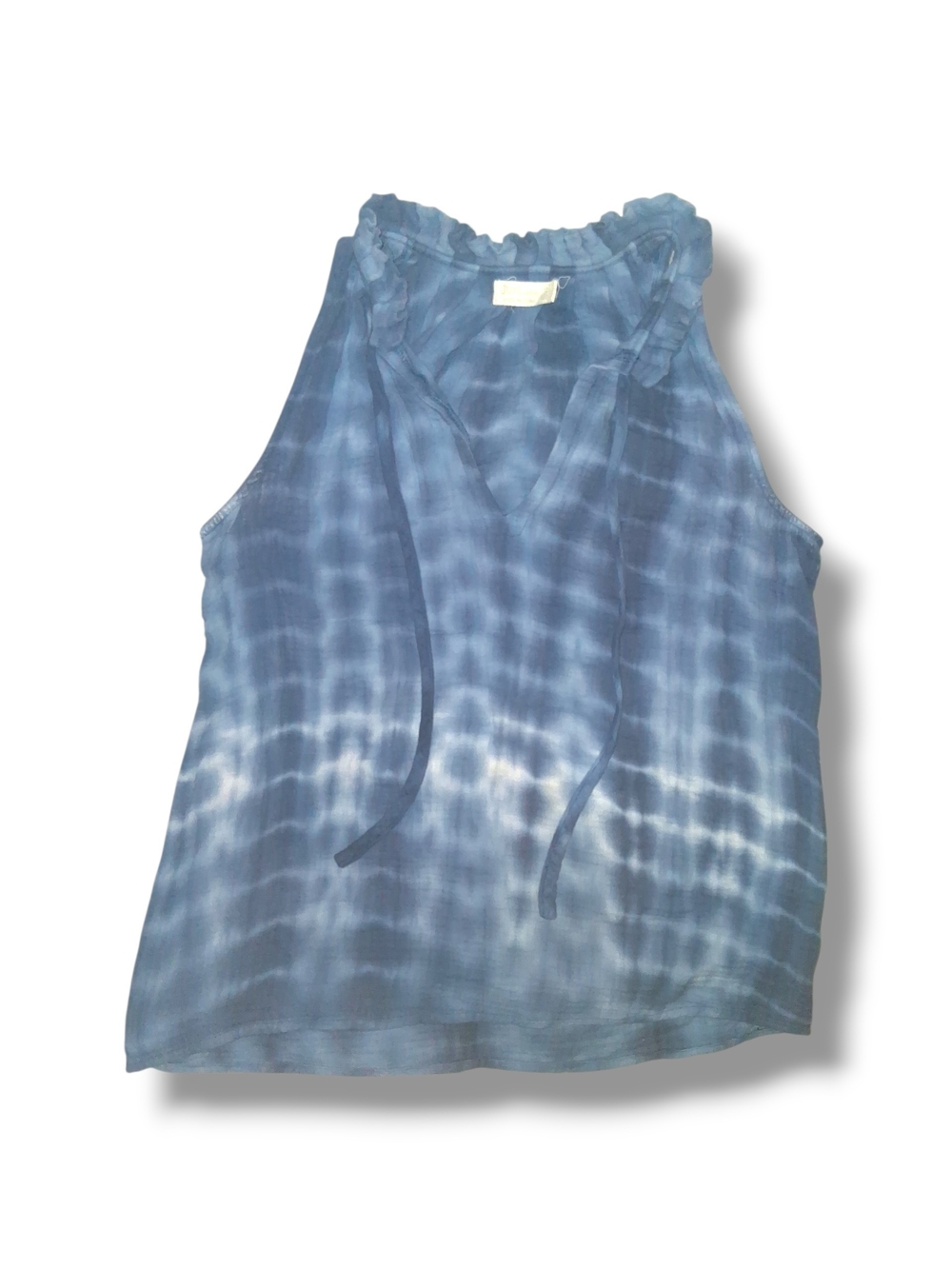JUST LIVING Blue & White Tie Dye Ruffle Tank Top | Medium | V-Neck Sleeveless